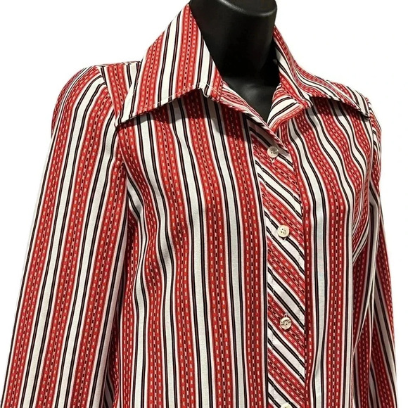 Vtg Disco 70s Boden Knits Dagger Collar Button Down Red White Womens Shirt Small - Picture 7 of 7